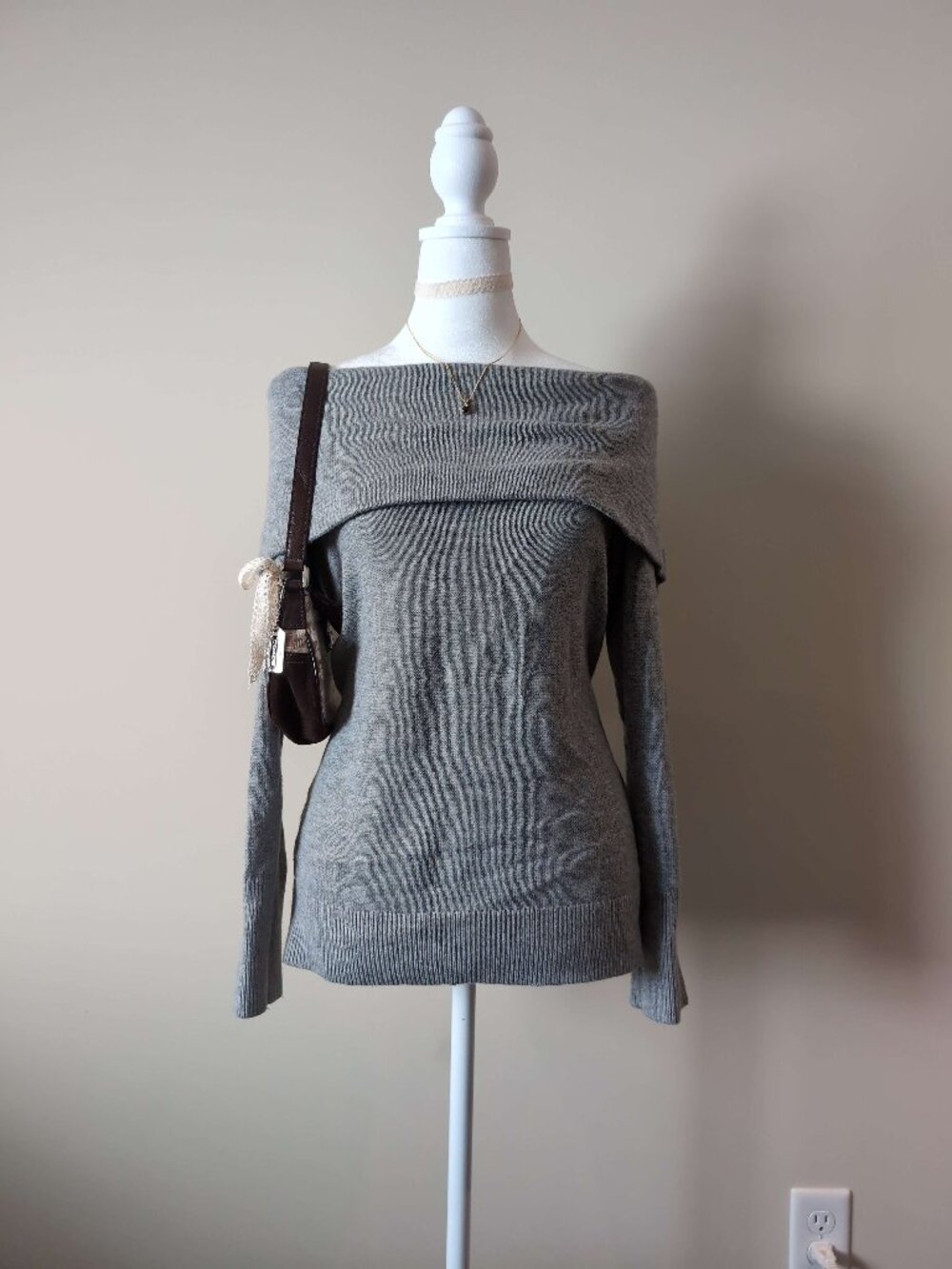LOFT Grey Off-Shoulder Bardot Fold-Over Knit Sweater | Size Small